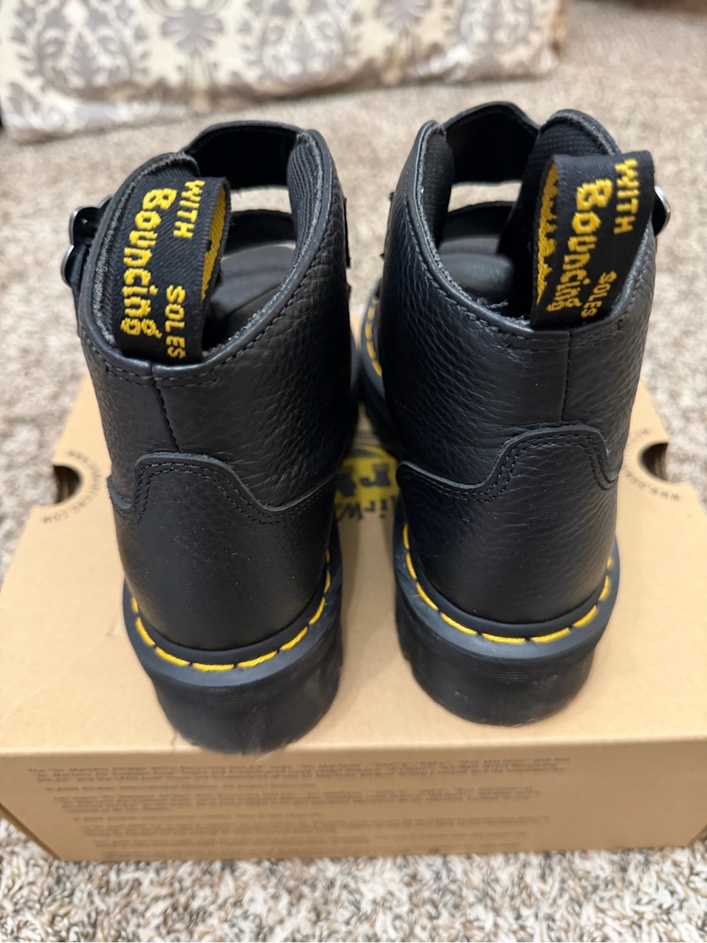 Dr. Martens Women’s Black Leather Double-Strap Ankle Boots with Yellow Stitching - Picture 3 of 9